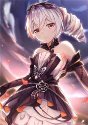  black_dress black_gloves bronya_zaychik bronya_zaychik_(black_nucleus) closed_mouth cloud cloudy_sky dress drill_hair elbow_gloves female flat_chest formal gloves grey_hair hair_between_eyes hair_ornament honkai_(series) honkai_impact_3rd ling_yin looking_at_viewer multicolored_hair petals red_eyes sky solo streaked_hair sunset 