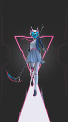  absurdres belt blazer blue_jacket breasts cyborg female helmet highres holding holding_scythe jacket jeremiah_torrevillas looking_down mariko_(quiccs) medium_breasts necktie open_hand original pink_belt pink_necktie redesign science_fiction scythe solo v-fin 