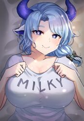  alternate_breast_size animal_ears black_bow blue_eyes blue_hair blue_horns bow breasts bright_pupils character_name collarbone cow_ears cow_girl cow_horns female grey_shirt hairbow heart heart-shaped_pupils horns indie_virtual_youtuber large_breasts lying medium_hair miilkywayz mole mole_under_eye mole_under_mouth narunin on_back shirt smile solo swept_bangs symbol-shaped_pupils upper_body virtual_youtuber 