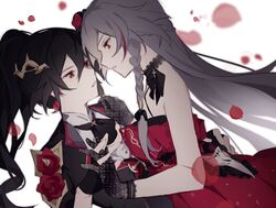  2girls bare_shoulders black_gloves black_hair braid breasts choker commentary_request dress dual_persona eyeliner falling_petals fingerless_gloves flower fu_hua fu_hua_(herrscher_of_sentience) fu_hua_(shadow_knight) fu_hua_(turn_up_the_music!)_(herrscher_of_sentience) gloves grey_hair hair_between_eyes hand_on_another&#039;s_back haruka_(rsyaooooo) high_ponytail highres honkai_(series) honkai_impact_3rd interlocked_fingers long_hair looking_at_another makeup multicolored_hair multiple_girls official_alternate_costume on_head open_mouth petals ponytail protected_link red_dress red_eyeliner red_eyes red_flower red_rose rose selfcest simple_background small_breasts streaked_hair upper_body very_long_hair white_background white_hair yellow_pupils yuri 