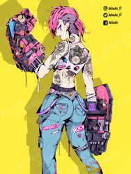  absurdres arcane:_league_of_legends arm_tattoo artist_name ass asymmetrical_hair back_tattoo blue_eyes blue_pants crop_top defaultz earrings female highres jewelry league_of_legends mechanical_gloves neck_tattoo open_mouth pants pink_hair roman_numeral shadow sidecut sign solo tank_top tattoo torn_clothes torn_pants undercut vi_(league_of_legends) warning_sign white_tank_top yellow_background 