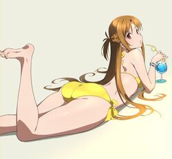  ass asuna_(sao) barefoot bikini bracelet braid brown_eyes brown_hair cup drinking_glass drinking_straw feet feet_up female jewelry legs long_hair looking_at_viewer looking_back lying on_stomach puge short_ponytail side-tie_bikini_bottom simple_background soles solo swimsuit sword_art_online the_pose toes very_long_hair yellow_bikini 