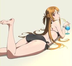  ass asuna_(sao) barefoot bikini black_bikini bracelet braid brown_eyes brown_hair cup drinking_glass drinking_straw feet feet_up female jewelry legs long_hair looking_at_viewer looking_back lying on_stomach puge short_ponytail side-tie_bikini_bottom simple_background soles solo swimsuit sword_art_online the_pose toes very_long_hair 