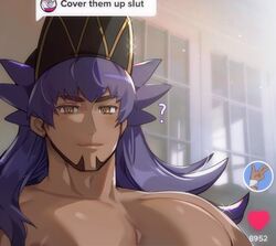  1boy ? bara baseball_cap blush chariko closed_mouth collarbone commentary cover_them_up_slut_(meme) dark-skinned_male dark_skin dialogue_box facial_hair hat heart indoors large_pectorals leon_(pokemon) long_hair male_focus meme nude pectoral_focus pectorals pokemon pokemon_swsh purple_hair smile solo sparkle tiktok user_interface yellow_eyes 