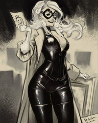  artist_name black_cat_(marvel) bodysuit breasts cleavage domino_mask english_commentary felicia_hardy female floating_hair gloves greyscale highres holding holding_paper jacket long_hair looking_at_viewer marvel mask medium_breasts monochrome nabetse_zitro painting_(object) paper parted_lips smile solo spider-man_(series) western_comics_(style) 