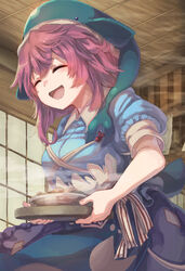  :d absurdres apron blue_apron blue_shirt breasts closed_eyes female from_below happy highres holding holding_tray indoors izakaya large_breasts matsukuzu okunoda_miyoi open_mouth pink_hair shirt short_hair_with_long_locks smile solo touhou tray whale_hat wooden_ceiling 