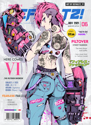  absurdres arcane:_league_of_legends arm_tattoo artist_name ass asymmetrical_hair back_tattoo barcode blue_eyes blue_pants character_name cover crop_top defaultz earrings female highres jewelry league_of_legends magazine_cover mechanical_gloves neck_tattoo open_mouth pants pink_hair roman_numeral sidecut sign solo tank_top tattoo torn_clothes torn_pants undercut vi_(league_of_legends) warning_sign white_tank_top 