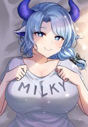  alternate_breast_size animal_ears black_bow blue_eyes blue_hair blue_horns blue_pupils bow breasts bright_pupils character_name collarbone cow_ears cow_girl cow_horns female grey_shirt hairbow horns huge_breasts indie_virtual_youtuber large_breasts lying medium_hair miilkywayz mole mole_under_eye mole_under_mouth narunin on_back shirt smile solo sparkling_eyes star-shaped_pupils star_(symbol) swept_bangs symbol-shaped_pupils upper_body virtual_youtuber 