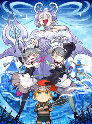  4girls arianna_the_labrynth_servant arianne_the_labrynth_servant arm_up armor axe blonde_hair chibi demon_girl demon_horns demon_wings duel_monster empty_eyes green_eyes grey_hair helmet holding holding_axe holding_sword holding_trident holding_weapon horns ishii_(young-moon) knight knight_(yu-gi-oh!) laughing lovely_labrynth_of_the_silver_castle maid maid_headdress multiple_girls ojou-sama_pose pink_eyes plume pointy_ears short_hair sword twintails two_side_up weapon white_hair wings yu-gi-oh! 