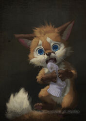  2020 ambiguous_gender big_nug black_background blue_eyes brown_body brown_fur canid canine canis chibi clothing countershading daww digital_media_(artwork) digital_painting_(artwork) feral footwear fox francisco_goya fur holding_object inspired_by_formal_art mammal open_mouth painterly red_fox saturn_devouring_his_son silverfox5213 simple_background socks solo style_emulation text true_fox url white_body white_fur 