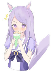  ^^^ absurdres animal_ears black_bow blush bow commentary_request cream cream_on_face crepe cropped_torso ear_ribbon eating female food food_on_face green_ribbons highres holding holding_food horse_ears horse_girl horse_tail long_hair mejiro_mcqueen_(umamusume) puffy_short_sleeves puffy_sleeves purple_eyes purple_hair purple_shirt ribbon roido_(taniko-t-1218) school_uniform shirt short_sleeves simple_background solo stiff_tail swept_bangs tail tracen_school_uniform umamusume upper_body very_long_hair white_background 