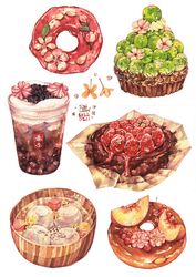  apple bubble_tea cake cherry cherry_blossoms commentary dessert doughnut drink food food_focus fruit highres icing no_humans orange_(fruit) original parfait pastry peach simple_background strawberry sweets symbol-only_commentary tangyuan tart_(food) tonlew98 white_background 