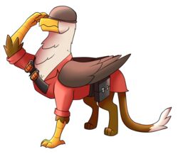  2020 alpha_channel armor avian beak clothed clothed_feral clothing eternity9 explosives feathered_wings feathers feral grenade gryphon headgear helmet mythological_avian mythological_creature mythology red_clothing scutes soldier_(team_fortress_2) solo team_fortress_2 two_tone_tail valve weapon wings yellow_beak 