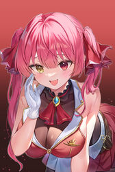  :d absurdres ascot bare_arms bent_over blush breasts cleavage female gloves greenapple hair_between_eyes hair_ribbon heterochromia highres hololive houshou_marine houshou_marine_(1st_costume) jacket large_breasts long_hair oerba_yun_fang red_ascot red_background red_eyes red_hair red_jacket red_ribbon red_skirt ribbon see-through see-through_cleavage simple_background skin_fang skirt sleeveless sleeveless_jacket smile solo twintails virtual_youtuber white_gloves yellow_eyes 