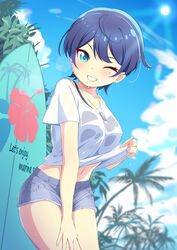  absurdres aqua_eyes bikini bikini_under_clothes black_bikini blue_hair blue_shorts blue_sky blush breasts cloud collarbone commentary_request day denim denim_shorts fangs female grin hand_on_own_thigh highres jewelry large_breasts looking_at_viewer mole mole_under_eye navel necklace one_eye_closed original outdoors palm_tree sakamata_(sakamata4) shirt short_hair short_shorts shorts sky smile solo sun surfboard swimsuit t-shirt tree wet wet_clothes wet_shirt white_shirt 