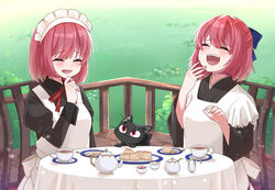  2girls animal apron black_bow black_cat black_dress black_kimono blue_bow blush bow chair closed_eyes commentary_request cup dress feline food grass hairbow half_updo highres hisui_(tsukihime) japanese_clothes juliet_sleeves kagetsu_tooya kimono kohaku_(tsukihime) laughing len_(tsukihime) long_sleeves maid maid_apron maid_headdress mixed_maids multiple_girls neck_ribbon open_mouth puffy_sleeves red_eyes red_hair red_ribbon ribbon short_hair siblings sisters sitting smile sudou_(s7_d8) table teacup teapot tsukihime twins wa_maid white_apron wide_sleeves 