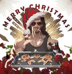  1boy absurdres amo9612 beard black_hair black_tank_top christmas cyberpunk cyberpunk_2077 facial_hair flower gingerbread_cookie hat highres incoming_food johnny_silverhand_(cyberpunk_2077) long_hair male_focus merry_christmas moustache muscular muscular_male pectorals prosthesis prosthetic_arm rose santa_costume santa_hat solo stubble sunglasses tank_top upper_body 