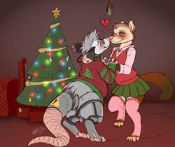  2018 american_opossum anthro anthro_on_anthro antiroo bottomwear brown_body brown_fur christmas christmas_clothing christmas_star christmas_sweater christmas_topwear clothed clothing cybernetic_leg cybernetic_limb cybernetic_tail cybernetics decoration digital_media_(artwork) domestic_ferret duo exclamation_point footwear fur grey_body grey_fur heart_above_head heart_cluster heart_symbol hi_res holidays kissing knee_highs knee_socks legwear machine male mammal marsupial mistletoe mustelid musteline ngrasta nonbinary_(lore) omnipossum plant plant_print print_clothing print_sweater print_topwear robot sand_tori shared_heart sign skirt socks star star_decoration star_polygon sweater sweater_vest topwear tree_print true_musteline vest warning_sign warning_symbol weasel white_body white_fur 