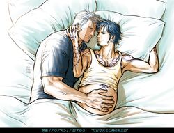  2boys bara beard bed black_hair blue_shirt cigar commentary_request couple eye_contact facial_hair goatee hand_on_another&#039;s_stomach kokorozashi long_sideburns looking_at_another lying male_focus male_pregnancy mature_male multiple_boys navel on_back on_bed one_piece pectoral_cleavage pectorals pillow shirt short_hair sideburns sidepec smile smoker_(one_piece) smoking stubble sunlight tank_top toned toned_male trafalgar_law veins white_hair yaoi yellow_tank_top 