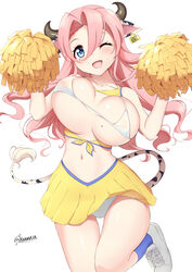  absurdres animal_ears blue_eyes blue_socks bra breasts collarbone cow_ears cow_girl cow_horns cow_tail ear_tag female hair_between_eyes highres horns large_breasts mole mole_on_breast mole_under_eye navel one_eye_closed open_mouth original panties pink_hair pom_pom_(cheerleading) sakamata_(sakamata4) skirt socks solo standing tail underwear white_bra white_footwear white_panties yellow_skirt 