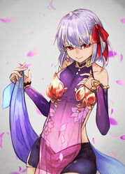  armlet armor bare_shoulders bikini_armor bracelet breasts closed_mouth collar commentary covered_navel detached_sleeves dress earrings fate/grand_order fate_(series) female floral_print grey_background grey_hair hair_ribbon hand_on_own_chest haru_torimaru highres jewelry kama_(fate) kama_(first_ascension)_(fate) looking_at_viewer lotus_print metal_collar miniskirt pelvic_curtain petals purple_dress purple_skirt purple_sleeves red_eyes ribbon ring short_hair skirt small_breasts solo 