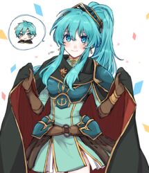  1boy alternate_costume alternate_hairstyle aqua_eyes aqua_hair armor belt blush breastplate cape cape_hold cosplay earrings eirika_(fire_emblem) eirika_(pledged_restorer)_(fire_emblem) ephraim_(fire_emblem) ephraim_(fire_emblem)_(cosplay) female fire_emblem fire_emblem:_the_sacred_stones fire_emblem_heroes gloves hair_between_eyes highres jewelry long_hair looking_at_viewer misato_hao official_alternate_costume ponytail sidelocks skirt smile 