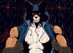  abs angry anthro biceps black_nipples black_nose blue_clothing blue_hood brown_body brown_fur brown_hands canid canine closed_smile clothed clothing clothing_grab countershading fangs fox fur hi_res hood hoodie looking_at_viewer male mammal mouth_closed muscular muscular_anthro muscular_male nipples orange_body orange_fur pecs pinumontbalou raining red_fox simple_background smile solo teeth topwear true_fox vest wet wet_body wet_clothing whiskers white_body white_fur yellow_eyes 