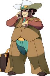  1boy belt belt_buckle briefcase brown_footwear brown_hair brown_shirt brown_vest buckle chaps clay_(pokemon) collared_shirt cowboy_hat frown full_body green_necktie green_pants hat holding long_sleeves looking_down male_focus necktie official_art oomura_yuusuke pants parted_lips pokemon pokemon_bw shirt shoes short_hair solo standing transparent_background vest watch white_hat wristwatch 