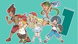  2boys 3girls blonde_hair blue_eyes blue_hair chappy_(kanata218) green_hair hat highres kiawe_(pokemon) lana_(pokemon) lillie_(pokemon) mallow_(pokemon) multiple_boys multiple_girls overalls pokemon pokemon_(anime) pokemon_(creature) pokemon_sm_(anime) rotom rotom_dex shirt shorts sophocles_(pokemon) 