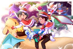  2boys alternate_costume belt black_hair brown_eyes brown_shorts capelet chitozen_(pri_zen) cinderace closed_mouth cloud collared_shirt commentary dragonite fur-trimmed_capelet fur-trimmed_headwear fur_trim galarian_farfetch&#039;d gengar gloves goh_(pokemon) hat long_sleeves lucario male_focus multiple_boys open_mouth pikachu pointing pokemon pokemon_(anime) pokemon_(creature) pokemon_journeys red_capelet red_gloves riding riding_pokemon satoshi_(pokemon) shirt short_hair shorts smile sobble sparkle teeth tongue white_shirt 