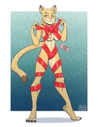  2020 anthro bow_(feature) breasts christmas covering digital_media_(artwork) felid female festive holidays leopard mammal pantherine ribbons smile solo stogiegoatarts wrapping 