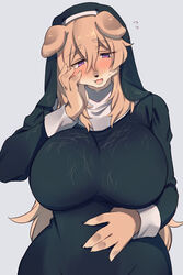  anthro big_breasts blush breasts canid canine canis clothed clothing domestic_dog female female_anthro huge_breasts kemono loose_fur mammal nun purple_eyes sgsix shedding simple_background solo wide_hips 