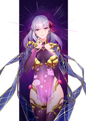  absurdres armlet armor bare_shoulders bikini_armor blush bracelet breasts closed_mouth collar covered_navel darling0221 detached_sleeves dress earrings fate/grand_order fate_(series) female floral_print grey_hair hair_ribbon highres jewelry kama_(fate) kama_(second_ascension)_(fate) large_breasts long_hair looking_at_viewer lotus_print metal_collar pelvic_curtain pink_ribbon purple_dress purple_sleeves purple_thighhighs red_eyes ribbon ring sky smile solo star_(sky) starry_sky thighhighs thighlet thighs 