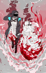  1boy absurdres arknights beach black_jacket blood blood_on_clothes blood_on_dress demon_horns doctor_(arknights) dress female highres holding_hands horn_ornament horns jacket ling_s mudrock_(arknights) red_eyes shirt wedding_dress white_dress white_hair white_shirt 