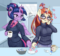  2022 alicorn anthro beverage blush bottomwear business_suit chemical_formula clothed clothing coffee coffee_cup container cup dialogue digital_media_(artwork) dstears duo english_text equid equine eyelashes eyewear feathered_wings feathers female friendship_is_magic fully_clothed glasses hair hand_on_cheek hasbro heart_symbol hi_res holding_container holding_cup holding_object horn inner_ear_fluff inside long_hair mammal moondancer_(mlp) multicolored_hair multicolored_tail my_little_pony mythological_creature mythological_equine mythology necktie pants purple_eyes suit sweater tail text topwear tuft turtleneck twilight_sparkle_(mlp) unicorn wings 