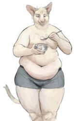  2021 anthro back_rolls belly belly_folds belly_overhang belly_rolls blonde_hair bowl briefs briefs_only cettus clothed clothing container cutlery dessert domestic_cat eating fat_rolls felid feline felis food front_view fur hair hairless hairless_cat hakon_brandvold holding_bowl holding_container holding_object holding_spoon ice_cream kitchen_utensils licking licking_lips looking_down love_handles male mammal overweight overweight_anthro overweight_male peterbald simple_background solo spoon standing thick_thighs tongue tongue_out tools topless underwear underwear_only white_background white_body white_fur 