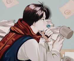  1boy aged_up bad_id bad_twitter_id brown_eyes brown_hair cup from_side holding holding_cup koenma long_sleeves male_focus miko_hxh pacifier paper paperwork profile scarf solo yu_yu_hakusho 