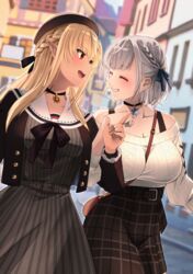  2girls :d bad_id bad_pixiv_id bag beret between_breasts black_choker black_headwear black_tank_top blonde_hair braid breasts brown_skirt choker cleavage collarbone couple dark-skinned_female dark_skin dress elf grey_hair grin hairband half_up_half_down_braid hat highres hololive jewelry large_breasts locked_arms long_hair multicolored_hair multiple_girls off-shoulder_sweater off_shoulder official_alternate_costume pendant pinstripe_dress pinstripe_pattern plaid plaid_skirt pointy_ears ribbed_sweater ring shiranui_flare shiranui_flare_(street) shirogane_noel shirogane_noel_(casual) short_dress short_hair shoulder_bag skirt smile snowflake_pendant streaked_hair striped sun_pendant sweater tadano_nepi tank_top virtual_youtuber wavy_hair wedding_ring white_sweater wife_and_wife yuri 