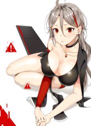  ahoge bad_id bad_pixiv_id breasts choker cleavage collarbone female girls&#039;_frontline grey_hair jacket jacket_on_shoulders jewelry large_breasts long_hair looking_at_viewer m1887_(girls&#039;_frontline) multicolored_hair necklace nue0 red_eyes shield shield_module sitting sitting_on_lap sitting_on_person solo tight_clothes white_background 