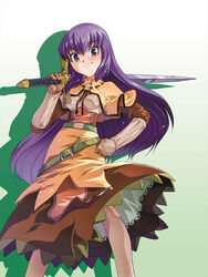  belt blush brown_capelet brown_dress brown_gloves brown_socks capelet chest_guard closed_mouth commentary cowboy_shot dress female gauntlets gloves gradient_background green_background green_belt hair_between_eyes holding holding_sword holding_weapon kneehighs long_hair looking_at_viewer mizuki_hitoshi purple_eyes purple_hair ragnarok_online simple_background smile socks solo standing sword swordsman_(ragnarok_online) weapon 