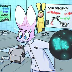  1:1 absurd_res ambiguous_gender anthro bodily_fluids cheek_tuft clothing coat facial_tuft fur glowing group hazmat_suit hi_res humor lab_coat laboratory laboratory_equipment lagomorph leporid male mammal micro_organism_(organism) microscope pink_body pink_fur rabbit scientific_experiment scientific_instrument suprised_look surprise sweat sweatdrop topwear tuft white_body white_fur wide_eyed xing1 