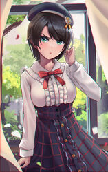  angry aqua_eyes beret black_hair blue_hat blue_skirt bow bowtie center_frills collared_shirt commentary cowboy_shot curtains english_commentary female frilled_shirt frilled_shirt_collar frilled_skirt frills hat high-waist_skirt highres hololive long_sleeves looking_at_viewer meme_attire official_alternate_costume oozora_subaru oozora_subaru_(casual) plaid plaid_skirt red_bow red_bowtie shirt short_hair skirt solo swept_bangs v-shaped_eyebrows virgin_killer_outfit virtual_youtuber window wszkii 