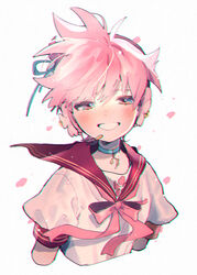  1boy aqua_collar aqua_ribbon bass_clef black_sailor_collar blush cherry_blossom_print cherry_blossoms commentary cropped_torso falling_petals floral_print grin hair_ribbon half-closed_eyes headphones headset highres kagamine_len kouhara_yuyu looking_at_viewer male_focus neck_ribbon petals pink_hair ribbon sailor_collar sakura_len shirt short_sleeves smile solo spiked_hair symbol-only_commentary upper_body vocaloid white_background white_shirt 