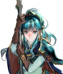  aqua_hair armor blue_eyes blue_hair blush cape cosplay earrings eirika_(fire_emblem) eirika_(pledged_restorer)_(fire_emblem) ephraim_(fire_emblem) ephraim_(fire_emblem)_(cosplay) female fingerless_gloves fire_emblem fire_emblem:_the_sacred_stones fire_emblem_heroes gloves jewelry long_hair looking_at_viewer skirt smile solo suzuki_rika thighhighs weapon 