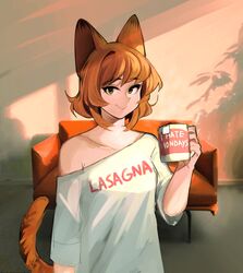  absurdres animal_ears blush breasts brown_hair cat_ears cat_girl cat_tail closed_mouth clothes_writing coffee_mug collarbone commentary couch cup english_commentary english_text female garfield garfield_(character) genderswap_(mtf) green_eyes highres holding holding_cup kumaartsu looking_at_viewer medium_breasts mug mug_writing off-shoulder_shirt off_shoulder orange_hair personification rule_63 shirt short_hair smile solo tail teabag white_shirt 