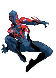  1boy arm_blade armor blue_eyes dan_mora english_commentary floating glowing glowing_eyes highres looking_at_viewer male_focus marvel mask open_hands redesign solo spider-man_(2099) spider-man_(series) superhero_costume tokusatsu weapon white_background 