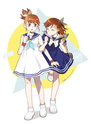  2girls artist_name blue_serafuku bow brown_eyes brown_hair closed_eyes digimon digimon_tamers drawinglee facing_another food hairbow highres katou_juri locked_arms makino_ruki medium_hair multiple_girls popsicle purple_eyes school_uniform serafuku shoes short_sleeves sidelocks simple_background sleeveless smile standing standing_on_one_leg sweatdrop white_background white_bow white_footwear yuri 