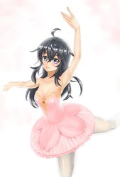  arabesque_(pose) arm_over_head arm_up ballerina ballet black_hair blue_eyes blush breasts cleavage commentary_request dancing female long_hair md5_mismatch netoge_no_yome_wa_onna_no_ko_janai_to_omotta? outstretched_arm outstretched_leg risikoayafumi smile solo standing standing_on_one_leg tamaki_ako tutu 