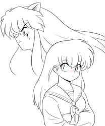  1guy blush female inuyasha kj_(artist) monochrome sailor_fuku 