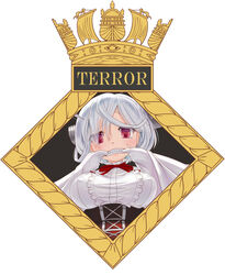  azur_lane badge breasts character_name commentary_request crown eyes_visible_through_hair female from_below gloves grin hair_over_one_eye large_breasts looking_at_viewer red_eyes royal_navy self-upload smile staring tears terror_(azur_lane) white_gloves white_hair yamikota 